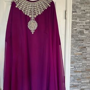 Pearl embellished purple kaftan.
